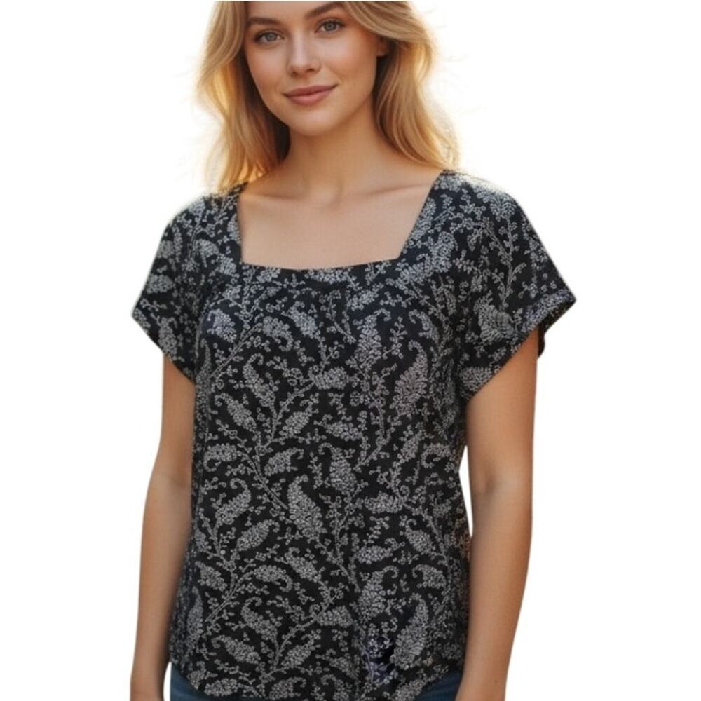 Style & Co NEW Square Neck Top XL Navy Floral Lines